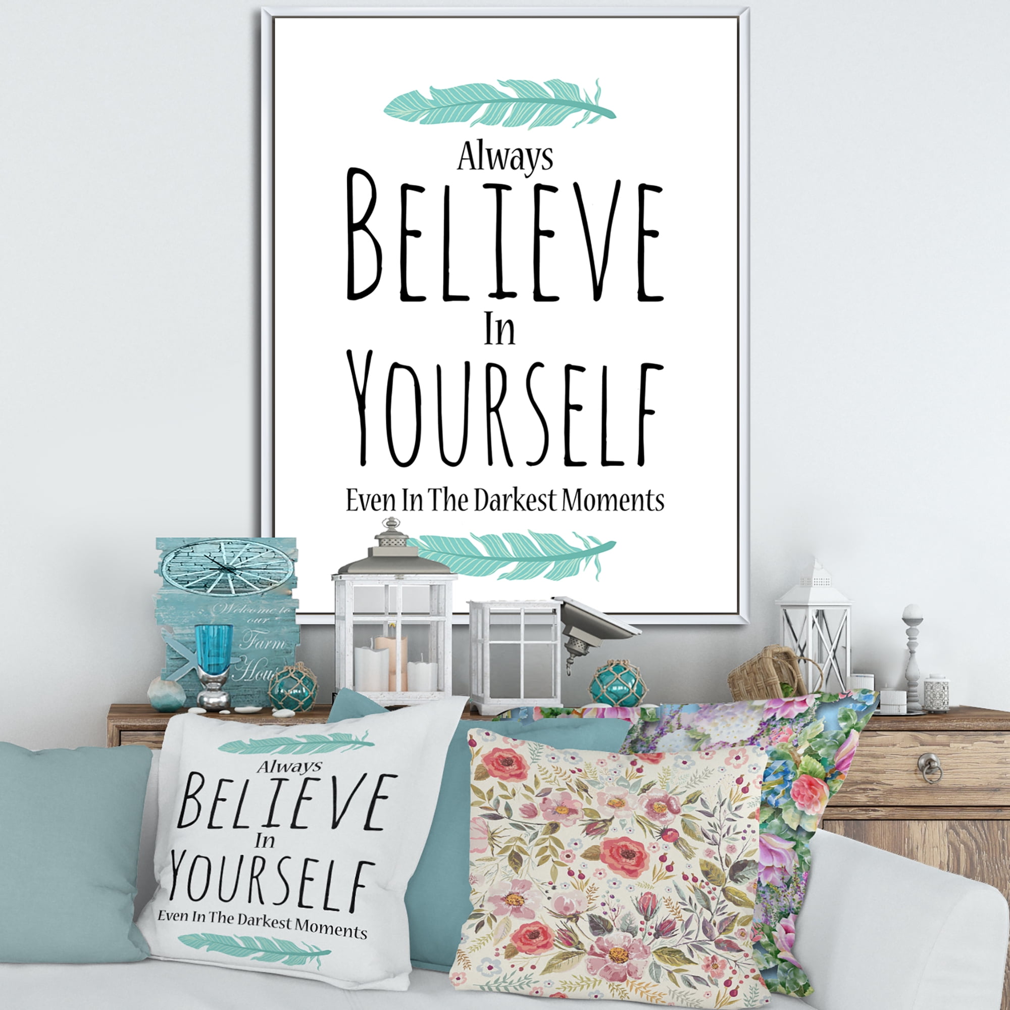 Designart 'Believe In Yourself Quote On White' Traditional Framed Canvas Wall Art Print