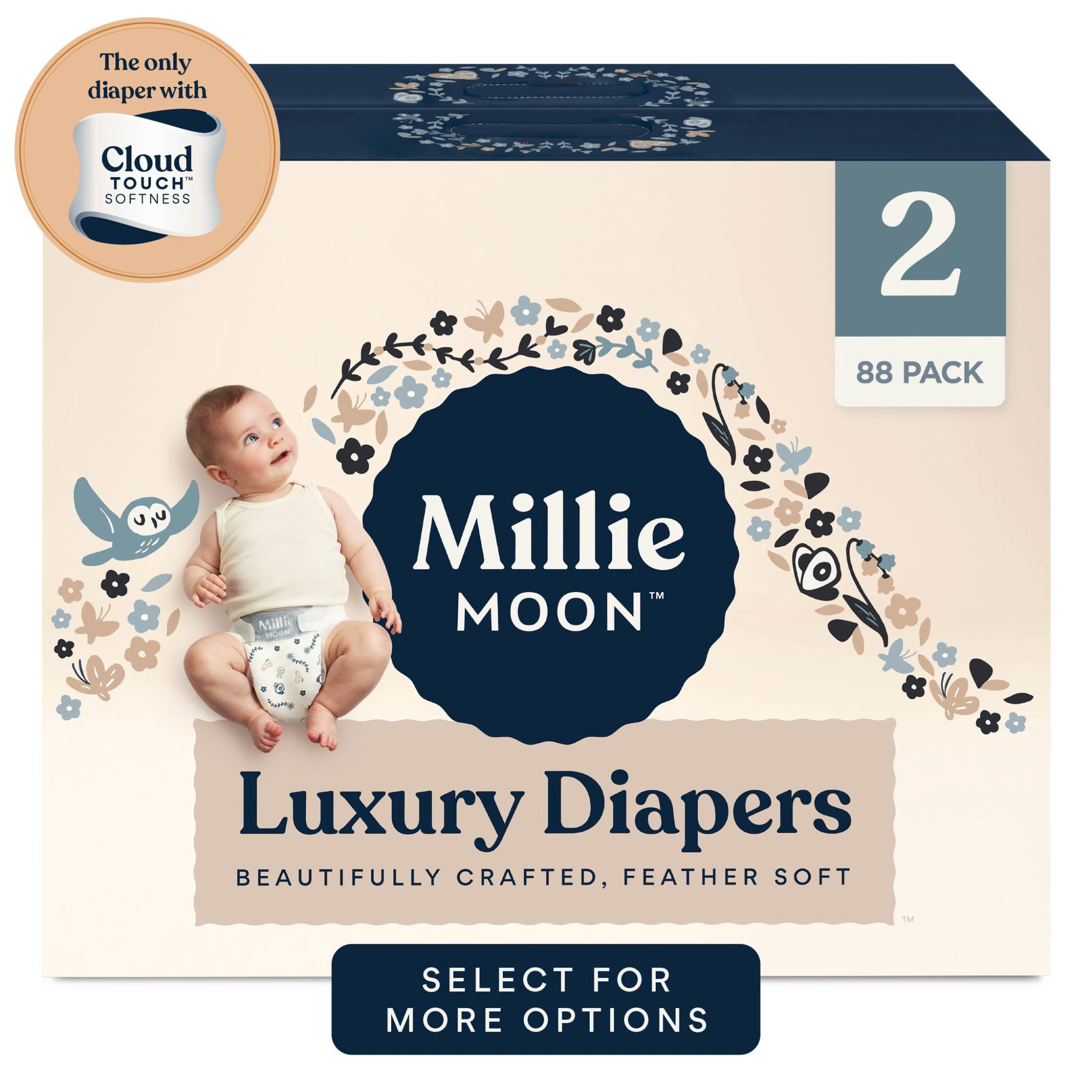 Millie Moon Luxury Diapers, Size 2, 88 Count, and Millie Moon Sensitive Baby Wipes, 9 Pack, 648 Wipes (Select for More Options)