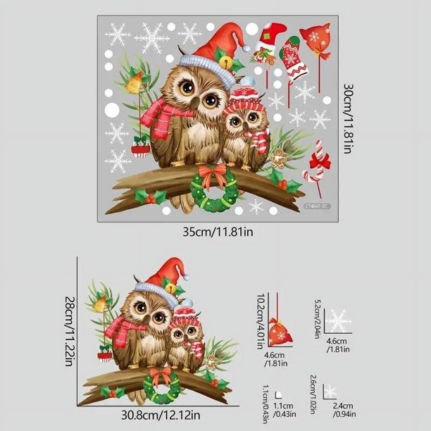Pegatinas de ventana de búho de Navidad, calcomanías de pared de búho autoadhesivas, lindas cubiertas de vidrio de búho para decoraciones de fiesta de invierno