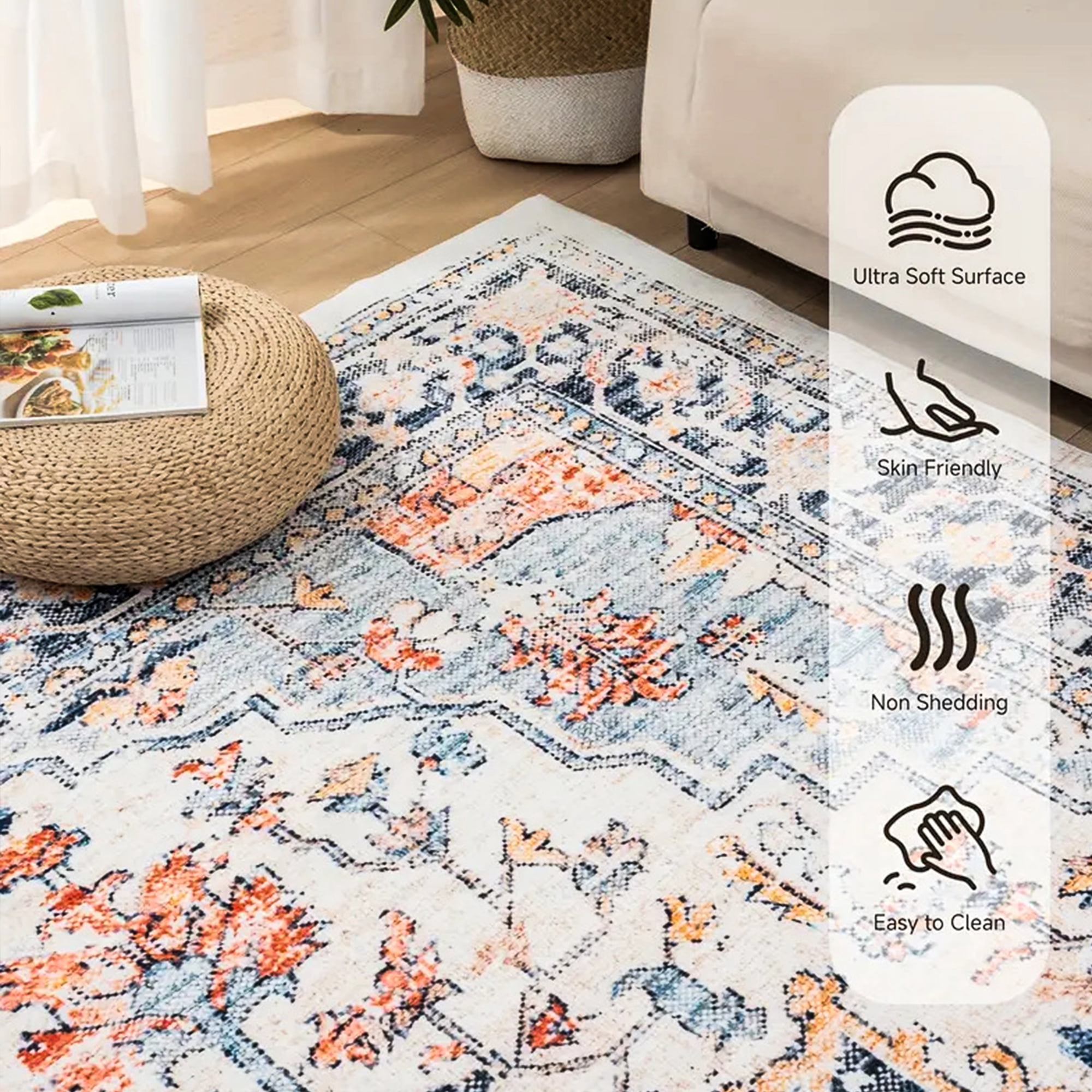 Gyugmhao 6'x9' Boho Area Rug, Machine Washable Low Pile Carpet, Foldable Non Slip Indoor Rug for Living Room, Office and Home Decor