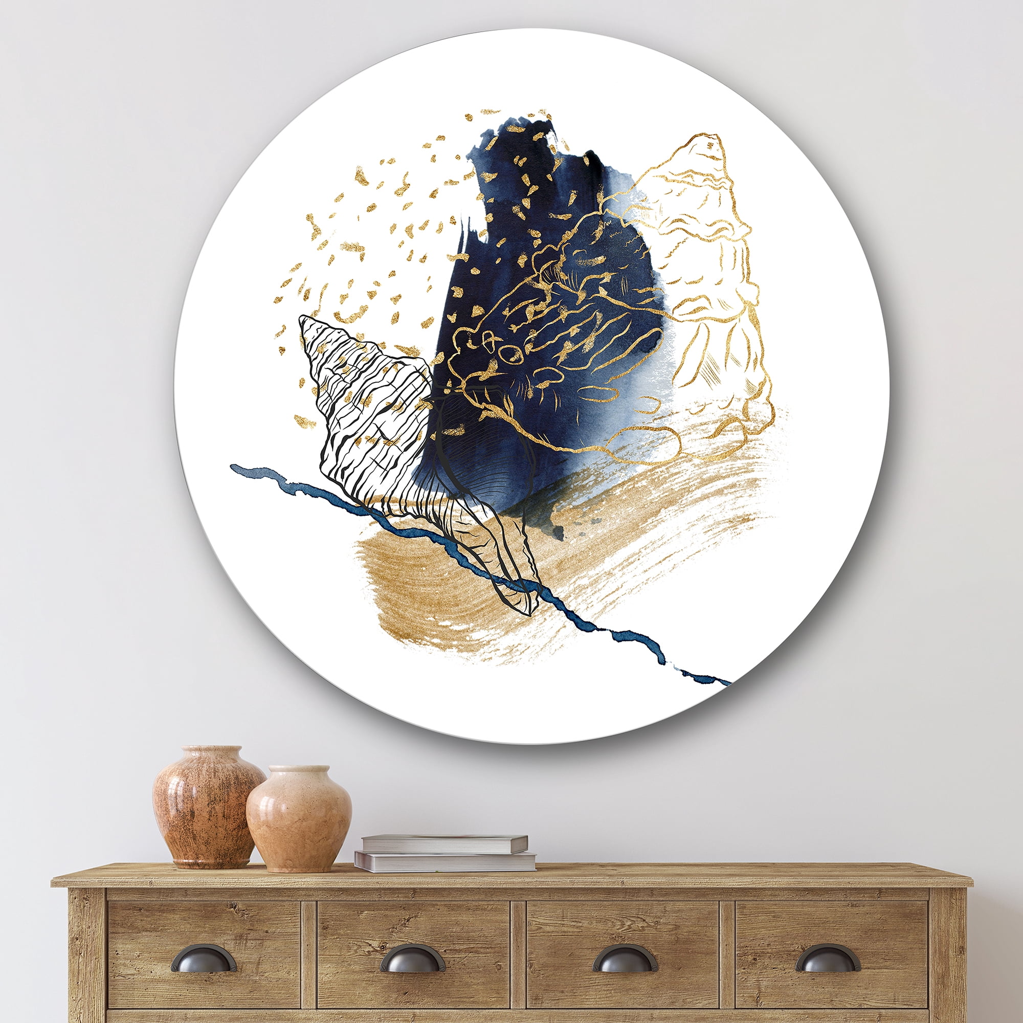 Designart 'Underwater Marine Life With Gold Shell Line Art' Farmhouse Circle Metal Wall Art 36x36 - Disc of 36