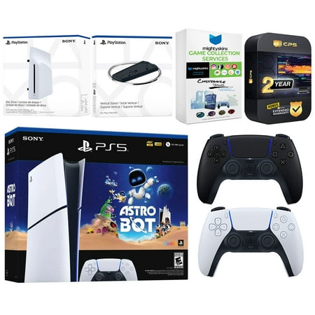 Sony PlayStation 5 Astro Bot Slim Digital Bundle with Disc Drive, Extra Controller, Vertical Stand, MightySkins Game Collection Services and 2 Year Extended Warranty - Midnight Black