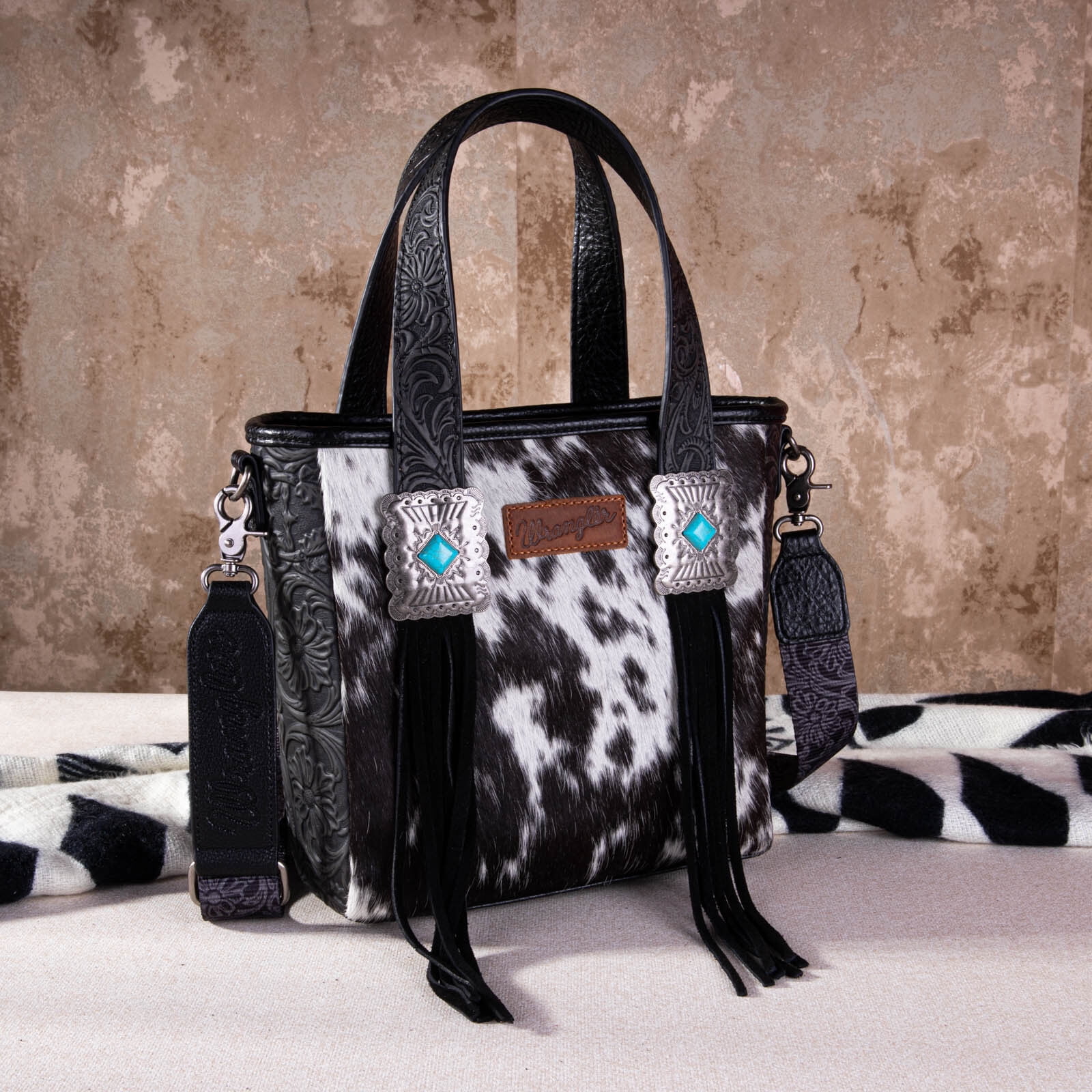 Wrangler Cowhide Tote Bag for Women Western Tooling Handbag Leather Fringing with Turquoise Stone Concho, Cowhide Black