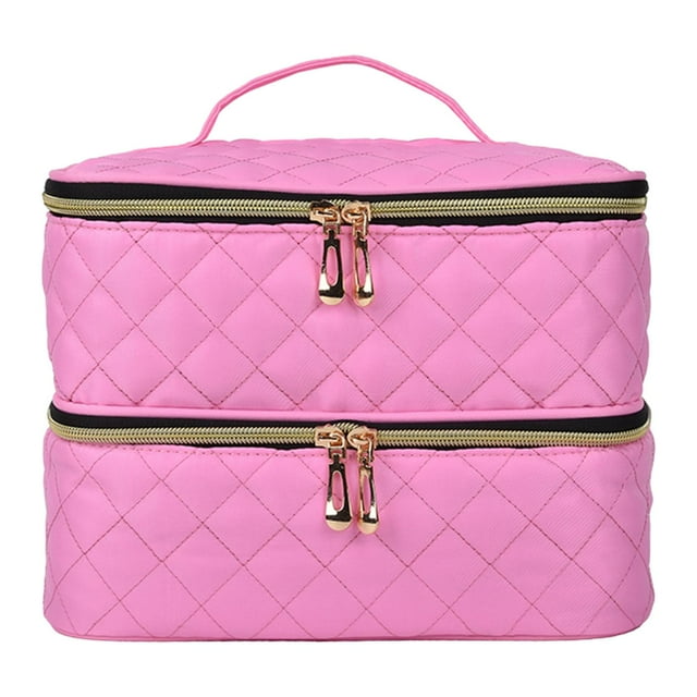 Bolsa de almacenamiento de esmalte de uñas de doble capa, bolsa de transporte de viaje, estuche organizador de esmalte de uñas con bolsillos múltiples Rosa