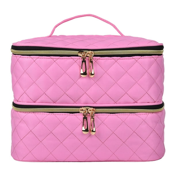 Bolsa de almacenamiento de esmalte de uñas de doble capa, bolsa de transporte de viaje, estuche organizador de esmalte de uñas con bolsillos múltiples Rosa