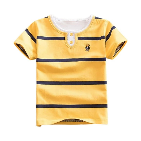 HJYCHN T-Shirts Garçon Été Manches Courtes Rayé Col Henley T-Shirt Dessin Animé pour Garçons Vêtements Bébé Mignons Chemise Garçon Confortable Jaune 7-8 Ans