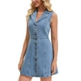 thumbnail image 4 of INSPIRE CHIC Women's Denim Mini Dress Sleeveless Button Down V Neck Summer Jean Dresses M Light Blue, 4 of 6