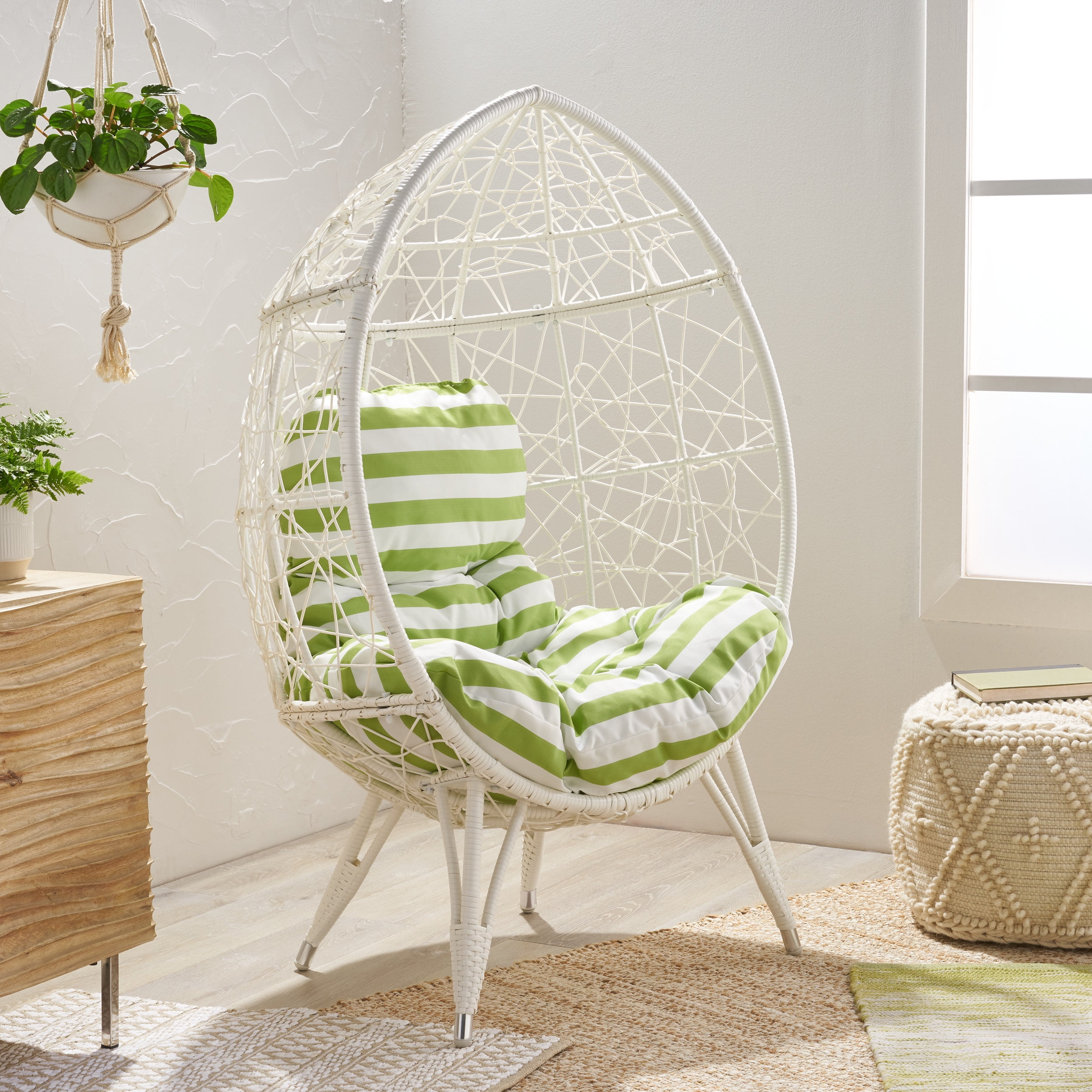 Noble House Daziyah Faux Rattan Teardrop Chair with Cushion, White and Green - Walmart.com 
