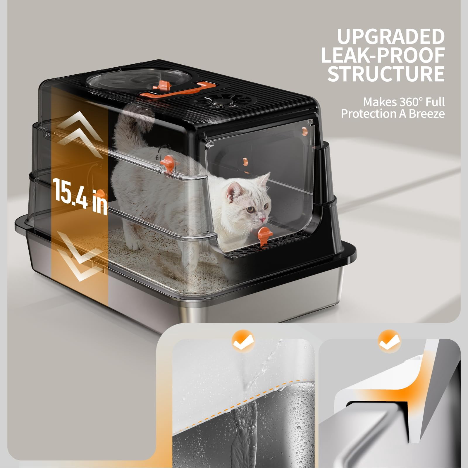 Stainless Steel Cat Litter Box With Lid  Enclosed Extra Large Metal Pan For Big Cats Full Flip Cover High Sided Litterbox Include Scoop Easy Cleaning Non-stick Black
