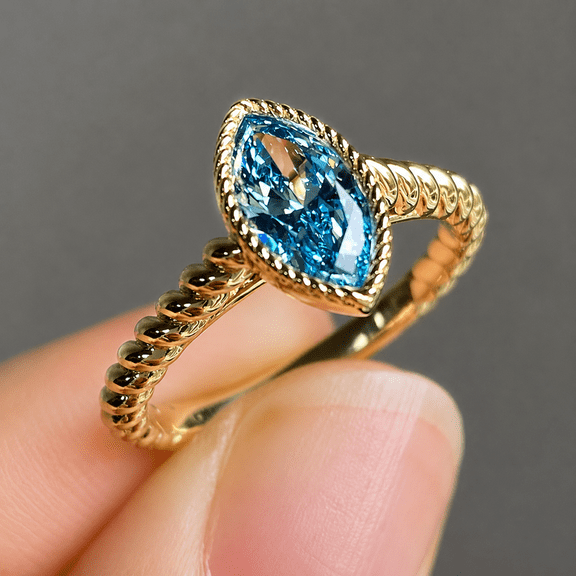 Jewelerix Blue Marquise Cut Engagement Ring, 10K Yellow Gold Vermeil Twisted Band Ring, Vintage Style Promise Ring, Minimalist Statement Jewelry Gift for Her
