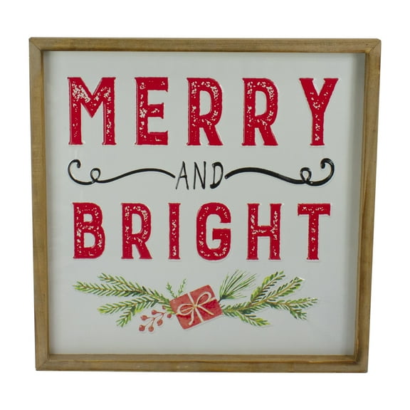 16" Wooden Framed "Merry And Bright" Metal Christmas Sign