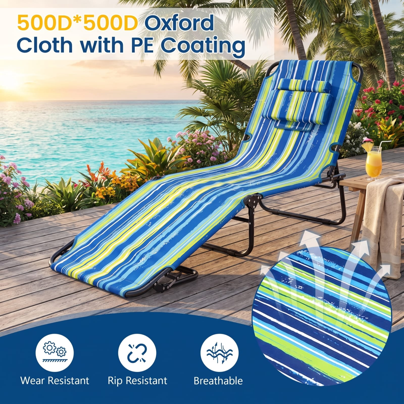 Furnibear Folding Patio Chair Solid Metal for Outdoor Garden Balcony Blue Stripe 330 lbs Capacity Weather-Resistant Outdoor Furniture