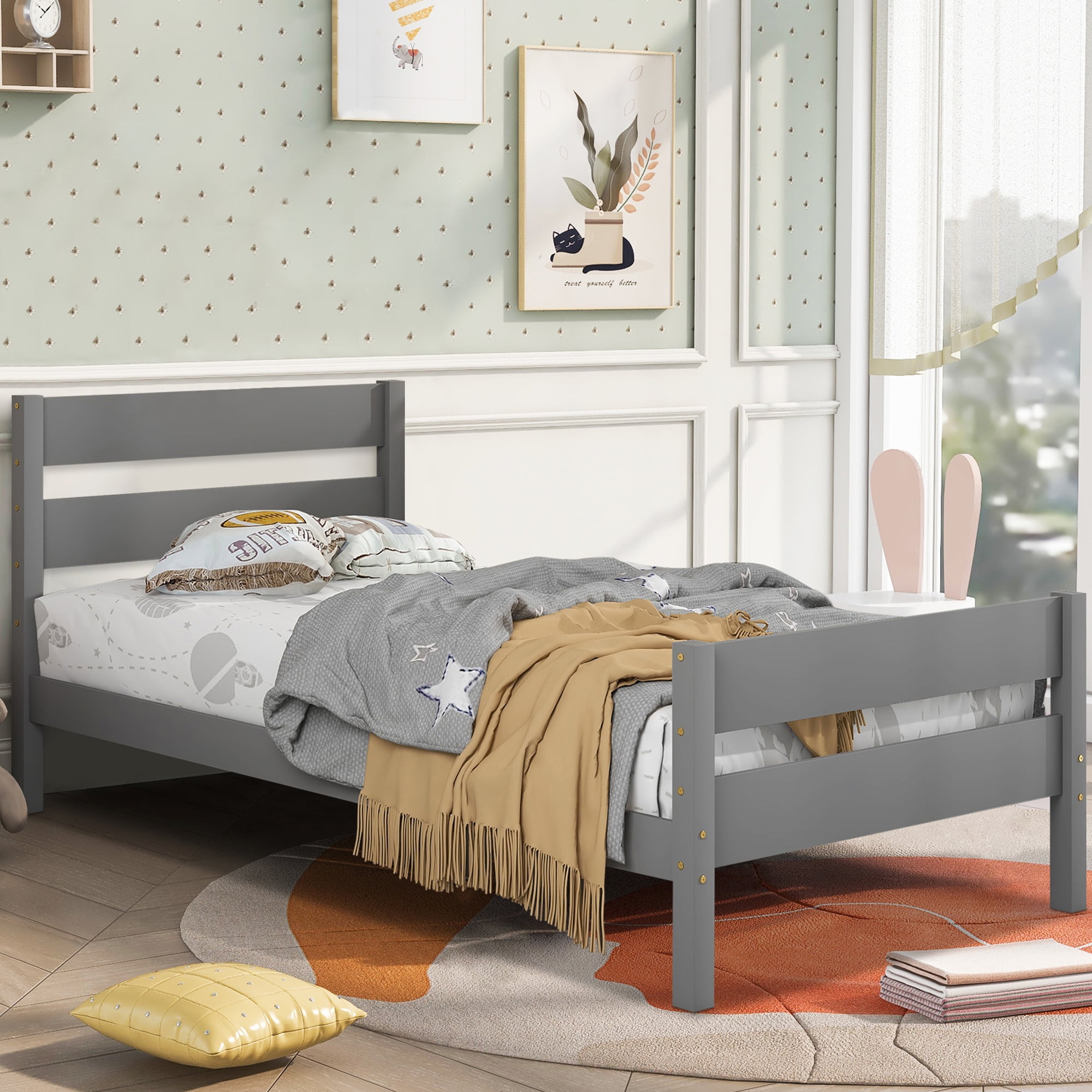 SYNGAR Twin Bed Frames, Wood Twin Bed Frame with Headboard and