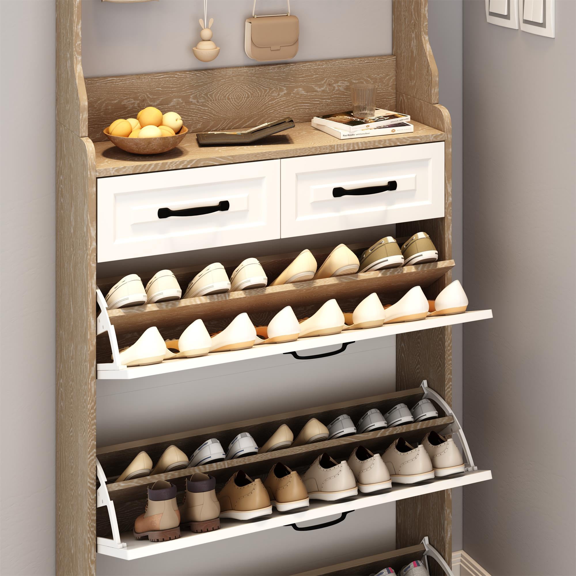 Demi Bonn Narrow Shoe Storage Cabinet, Shoe Cabinet for Entryway with 3 Flip Drawers and Hanging Rack, Wood Hidden Freestanding Shoe Organizer for Hallway, Bedroom, Apartment, Oak