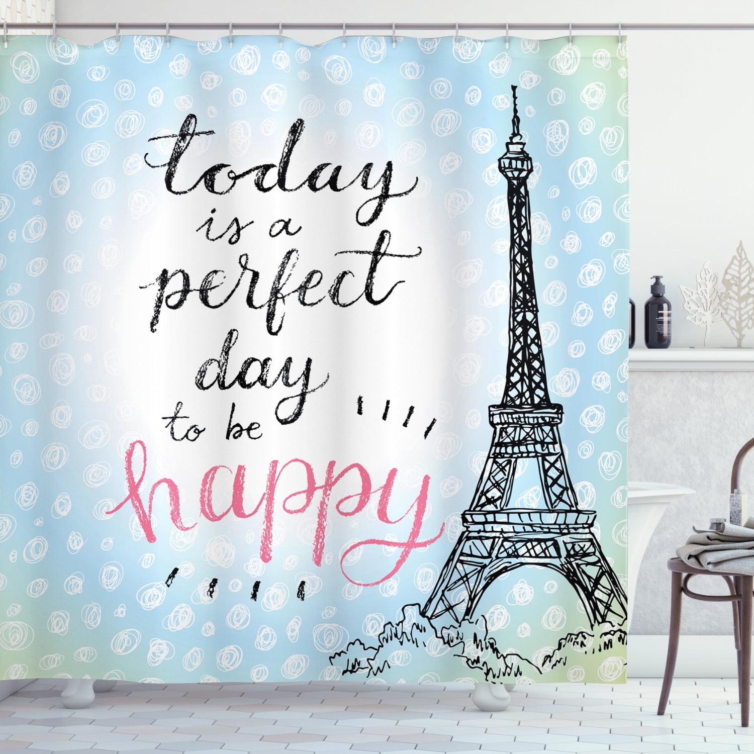 Bath Waterproof Fabric Shower Curtain Liner Happy Day Beauty Girl Eiffel Tower 