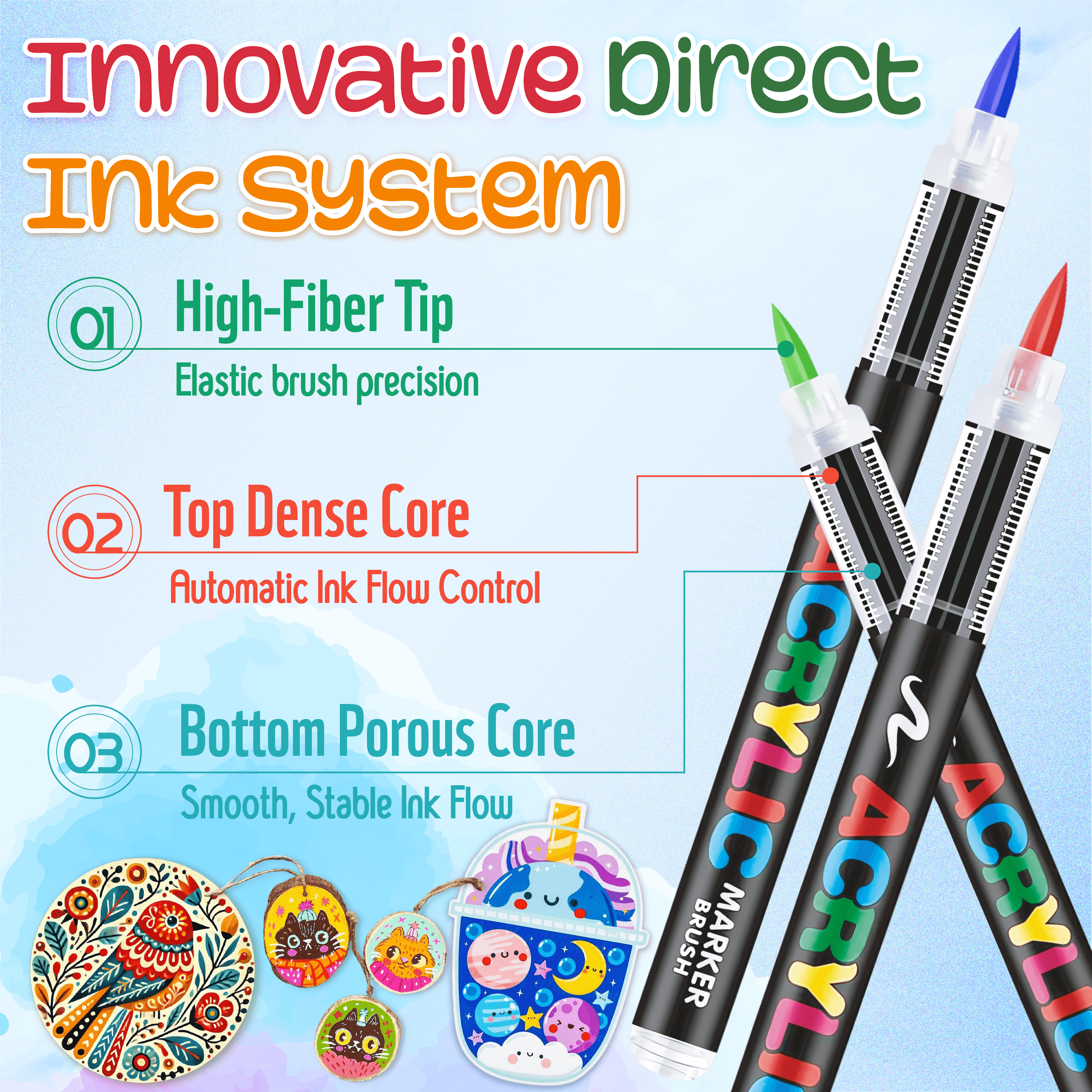 COORIART 48 Colors Acrylic Paint Markers, Soft Brush Tip Pens, Automatic Ink Control No Bleed Markers Set for Wood, Stone, Canvas, Glass, Fabric, Egg, Rock Painting and DIY