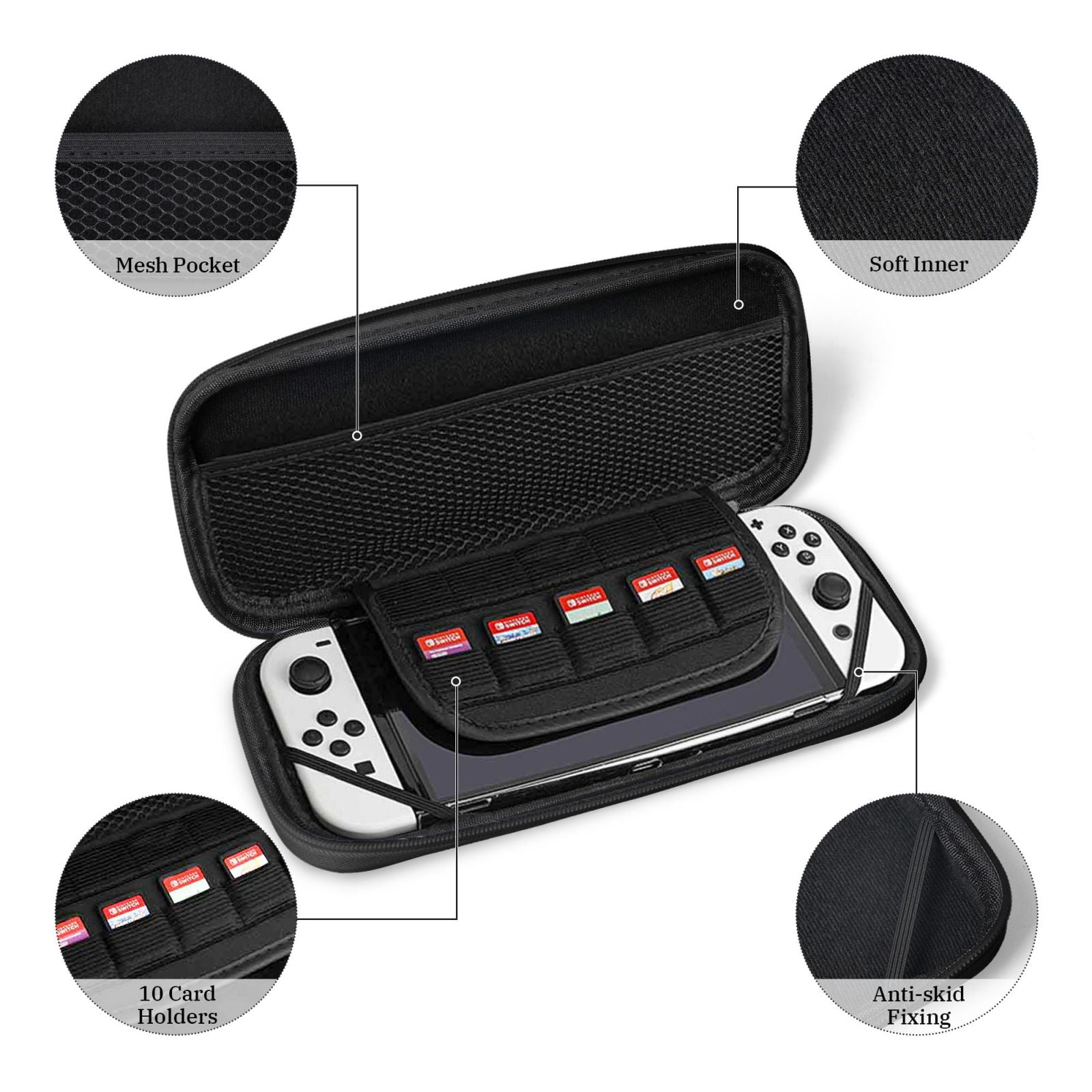 Race Car Hologram (3), Carrying Case For Nintendo Switch & OLED Version, Eva Lightweight Shockproof Protective Pouch Case for Game Console & Accessories with 10 Game Card Slot & Wristband, Black