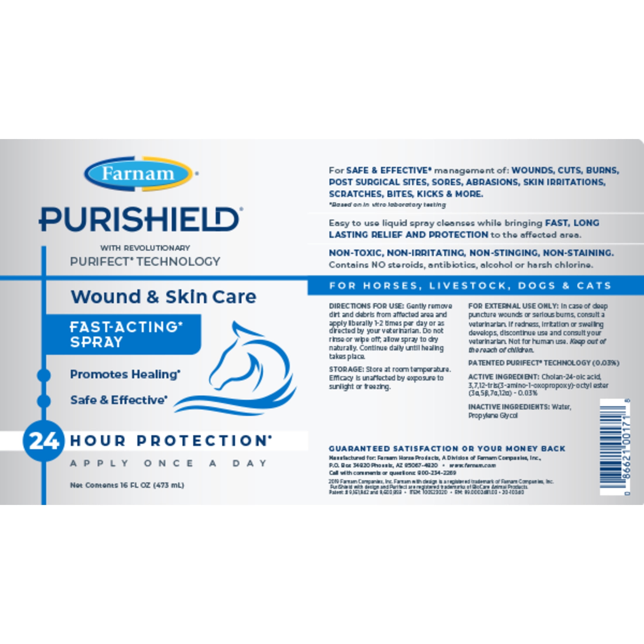 (4 pack) Farnam Purishield Wound & Skin Spray, Horses, Dogs, Cats & Livestock 16 Fluid Ounces