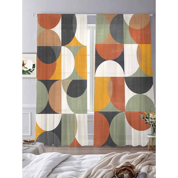 Mid-Century Modern Sheer Curtains 84 inches Long 2 Panels Set Abstract Geometric Semicircle Green Tiers Sheers Rod Pocket Small Window Short Curtains for Kitchen Cafe, Each 52" W x 84" L