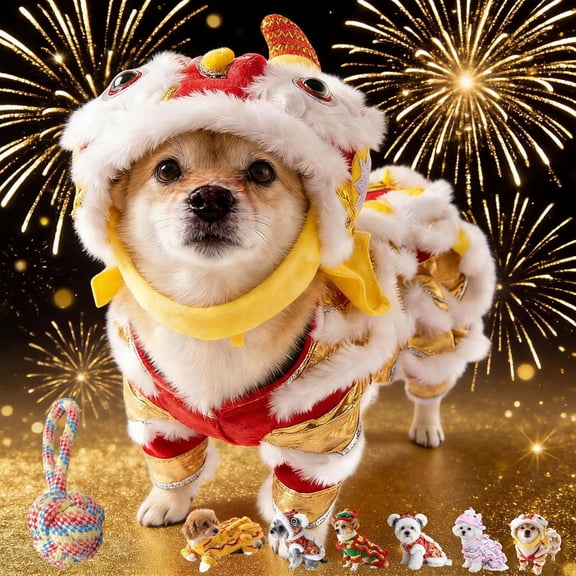 Chinese Lion Dance Dog Costume, Sequin New Year Pet Coat with Dragon Embroidery, Winter Festival Dog Outfit for Small Medium Dogs