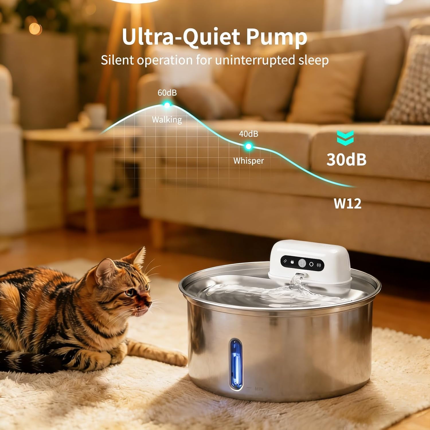 ZKSCOOL Wireless Cat Water Fountain, 108oz/3.2L Battery Operated Pet Water Fountain, Stainless Steel Dog Water Dispenser with Motion Sensor, Quiet Cordless Cat Fountain for Inside