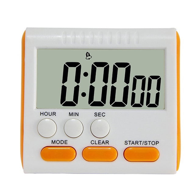 kdj magnetic digital timer with alarm clock, foldable stand, large lcd display, countdown cooking timer, orange — temporizador digital de cocina vista frontal con carcasa naranja y blanca y gran pantalla LCD mostrando 0:00:00; botones HOUR, MIN, SEC y botones rectangulares naranja MODE, CLEAR, START/STOP; plástico, incluye imán, soporte plegable y montaje colgante según especificaciones; ideal para cocinar, recordatorios y programación de actividades; también se usa a menudo para cronometrar tareas domésticas.