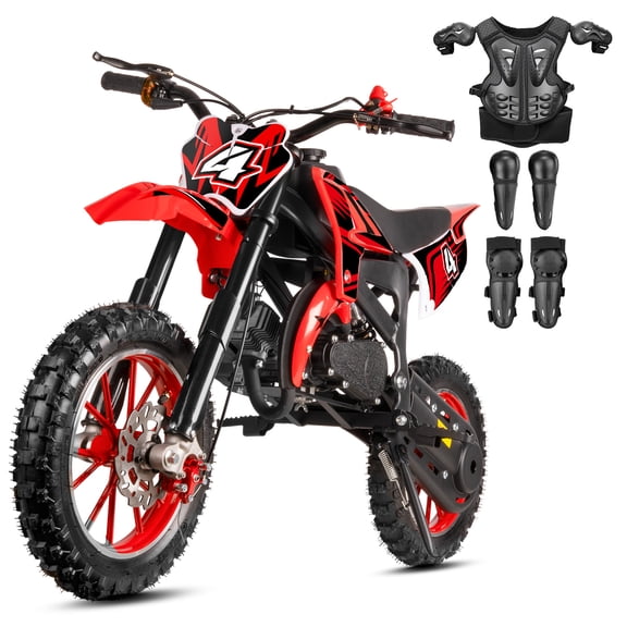 50cc Gas Dirt Bike for Ages 13 , 2-Stroke Mini Dirt Bike Up to 28 MPH, Off-Road Motorcycle with Pull Start, Automatic Clutch, Front & Rear Disc Brakes, Shock Absorbing Springs, 180 lbs Capacity