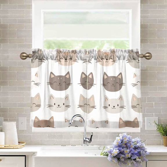 Yayeee Kitchen Curtains Tier Pair Light Filtering 27"x36" Rod Pocket Short Cafe Window Panel, Light Gray Cat Pattern