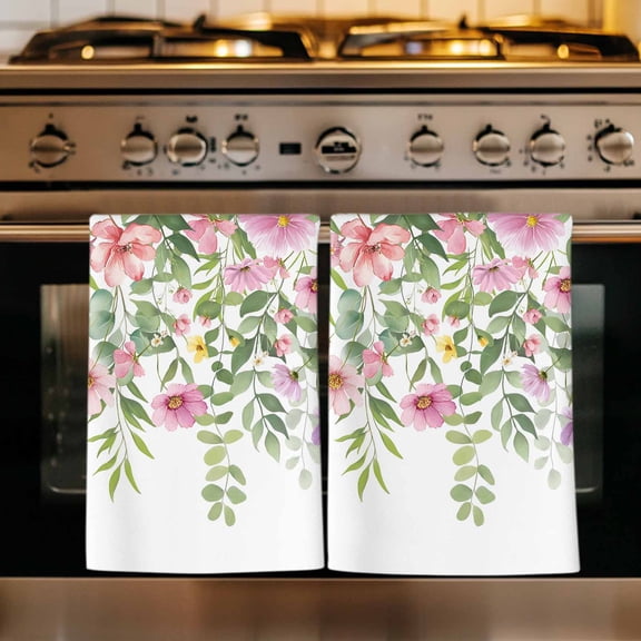 Pink Green Spring Kitchen Towels Set of 1, Floral Eucalyptus Leaves Watercolor Plant Absorbent Dish Towels for Kitchen, Microfiber Hand Towel, Quick Drying Tea Towel for Cleaning Dishcloths