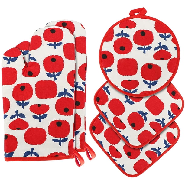 Juego de manoplas y agarraderas para horno, agarraderas de cocina y manoplas para horno Juego de guantes antideslizantes de algodón puro para cocinar en la cocina Hornear a la parrilla Fokelyi WMZL-766-4