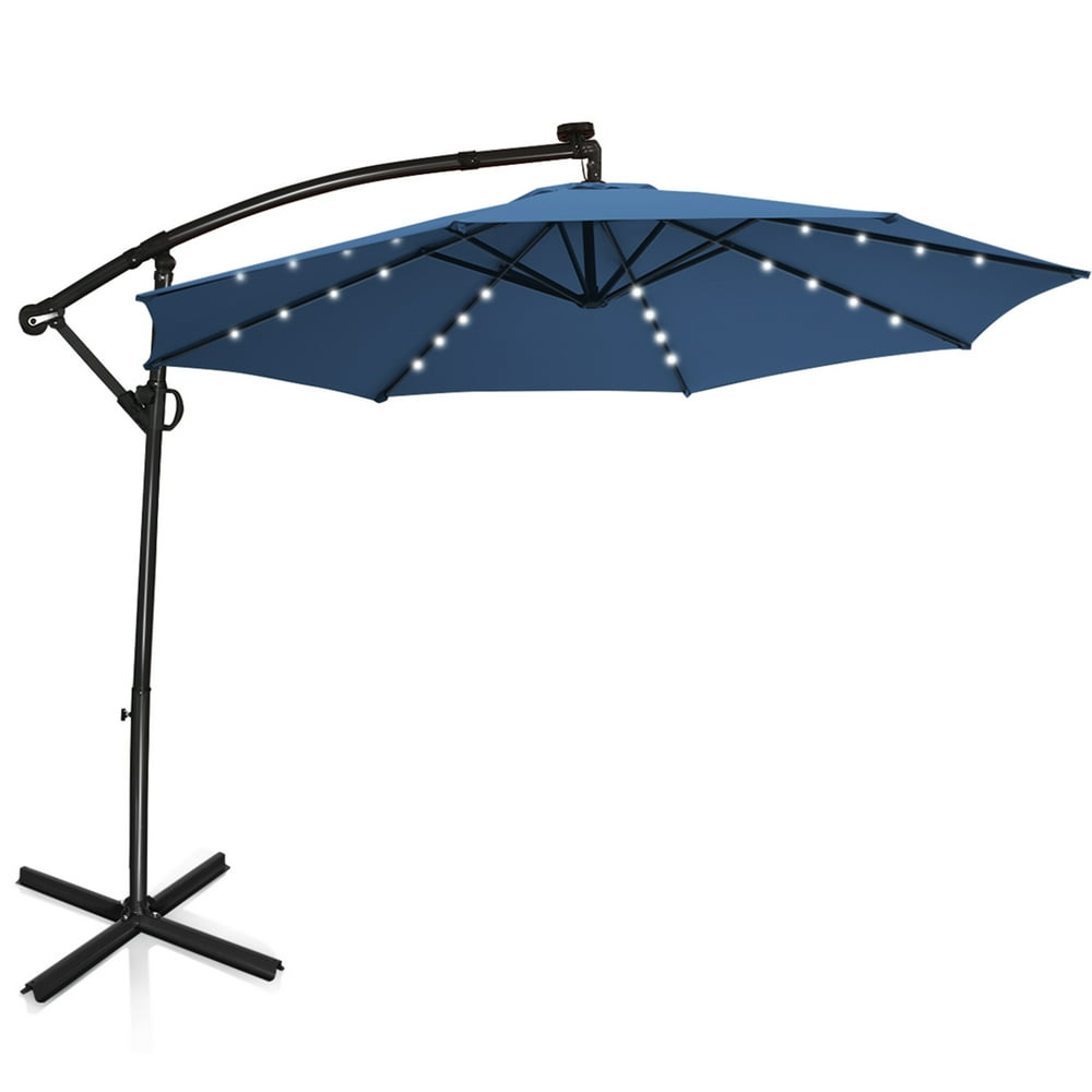 Gymax 10Ft Offset Hanging Umbrella Patio Outdoor w/ 32 Solar LED Lights Blue