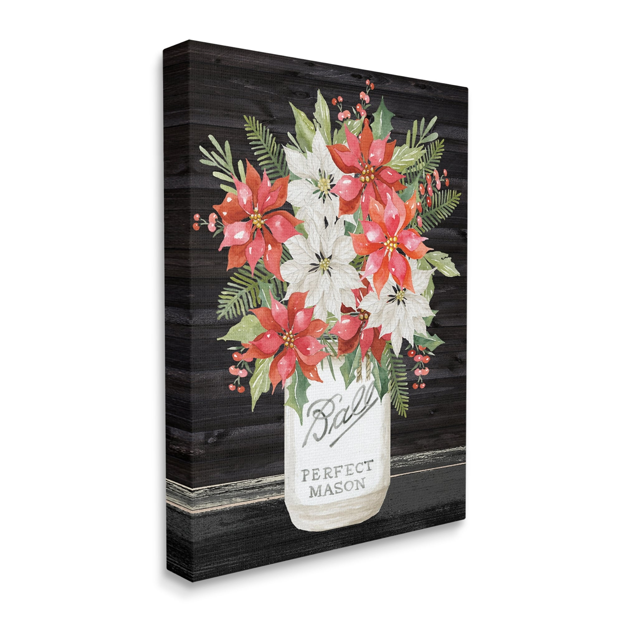 Mixed Holly Poinsettia Flower Bouquet Country Jar Botanical & Floral Graphic Art Gallery-Wrapped Canvas Print Wall Art