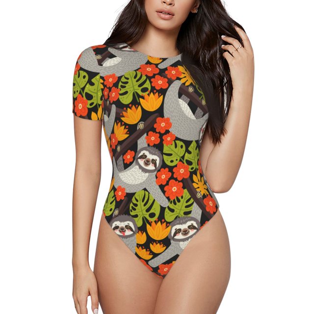 Balery Sloth on the Branch Body de cuello redondo de manga corta para mujer Tops de manga corta Tops básicos-Large