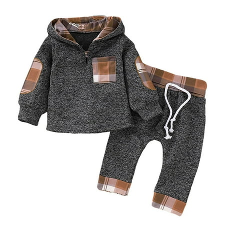 

12 Month Boy Clothes Boys Fashion Toddler Baby Boy Clothes Plaid Long Sleeve Hoodie Tops Sweatsuit Pants Outfit Set Khaki 6-12 Months