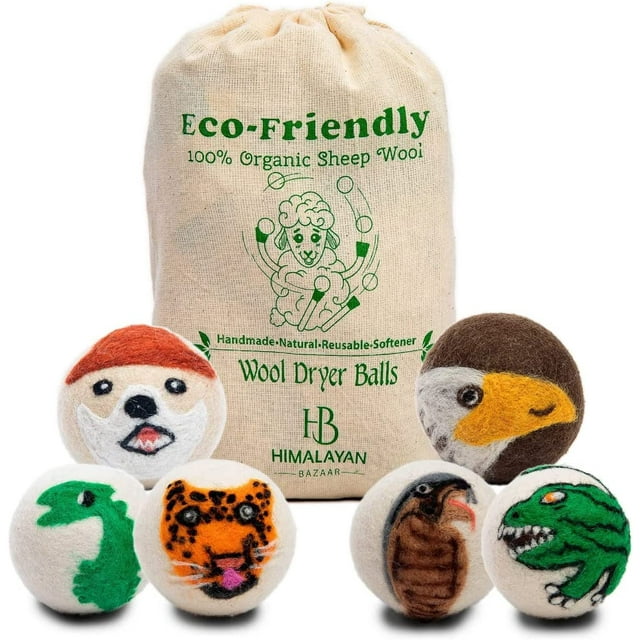 Wool Dryer Balls Organic Fair Trade Reusable Fabric Softner, Extra Large, 6 Pack,Carnivorous Design by Woolygon