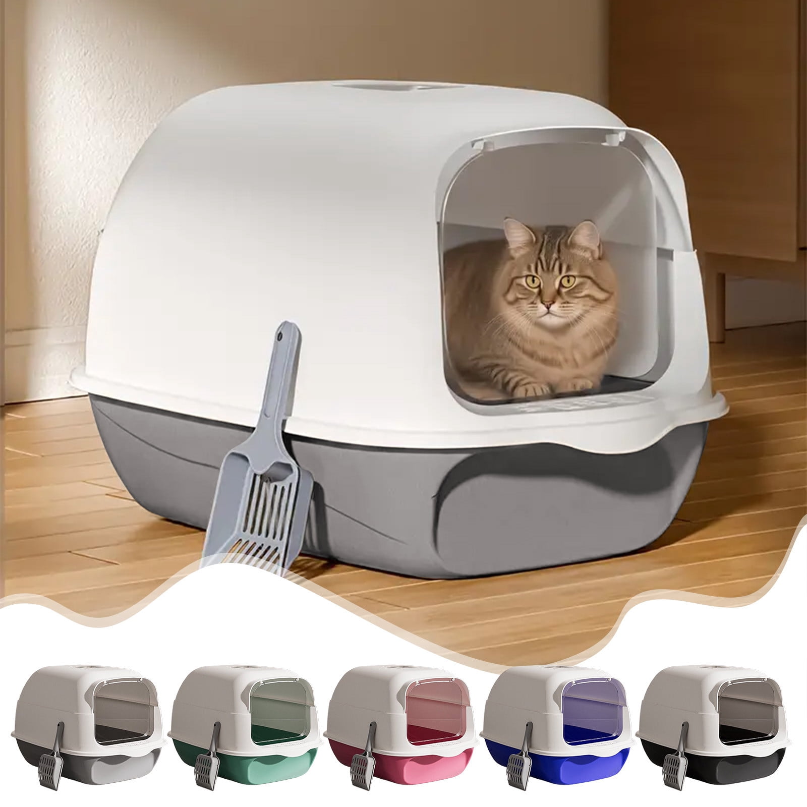 Fully Enclosed Cat Litter Box with Lid, Large Covered Litter Pan with Door, Odor Control Enclosed Litter Box with Viewing Window, Extra Large Cat Litter Box with Scoop and Mat