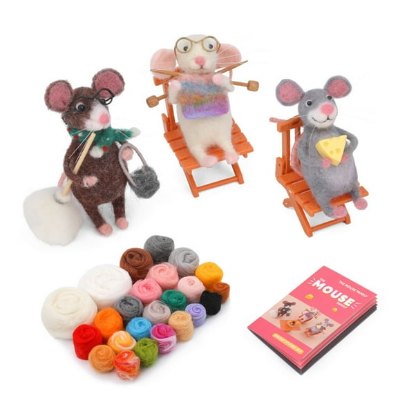 Mouse Family Wool Felted Set Needle Felting Supplies with Instruction Needle Felting Pad Felting Needle for Beginner