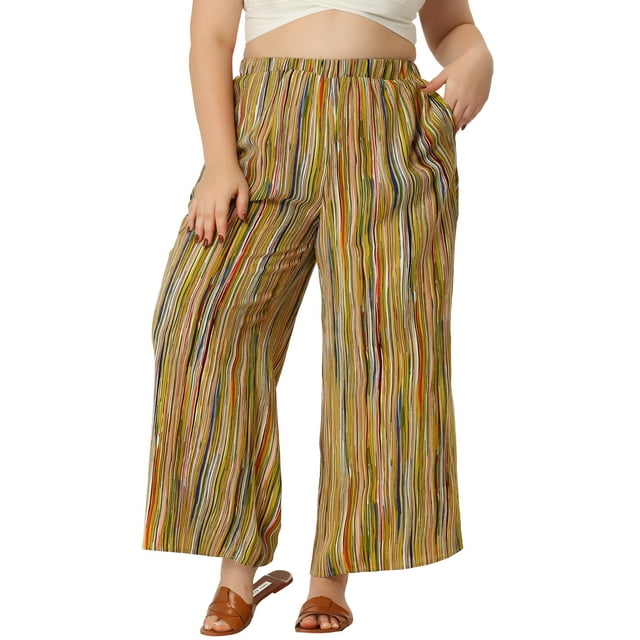 Unique Bargains Women's Plus Size Boho Wide Leg Loose Fit Pants, Yellow, 1X