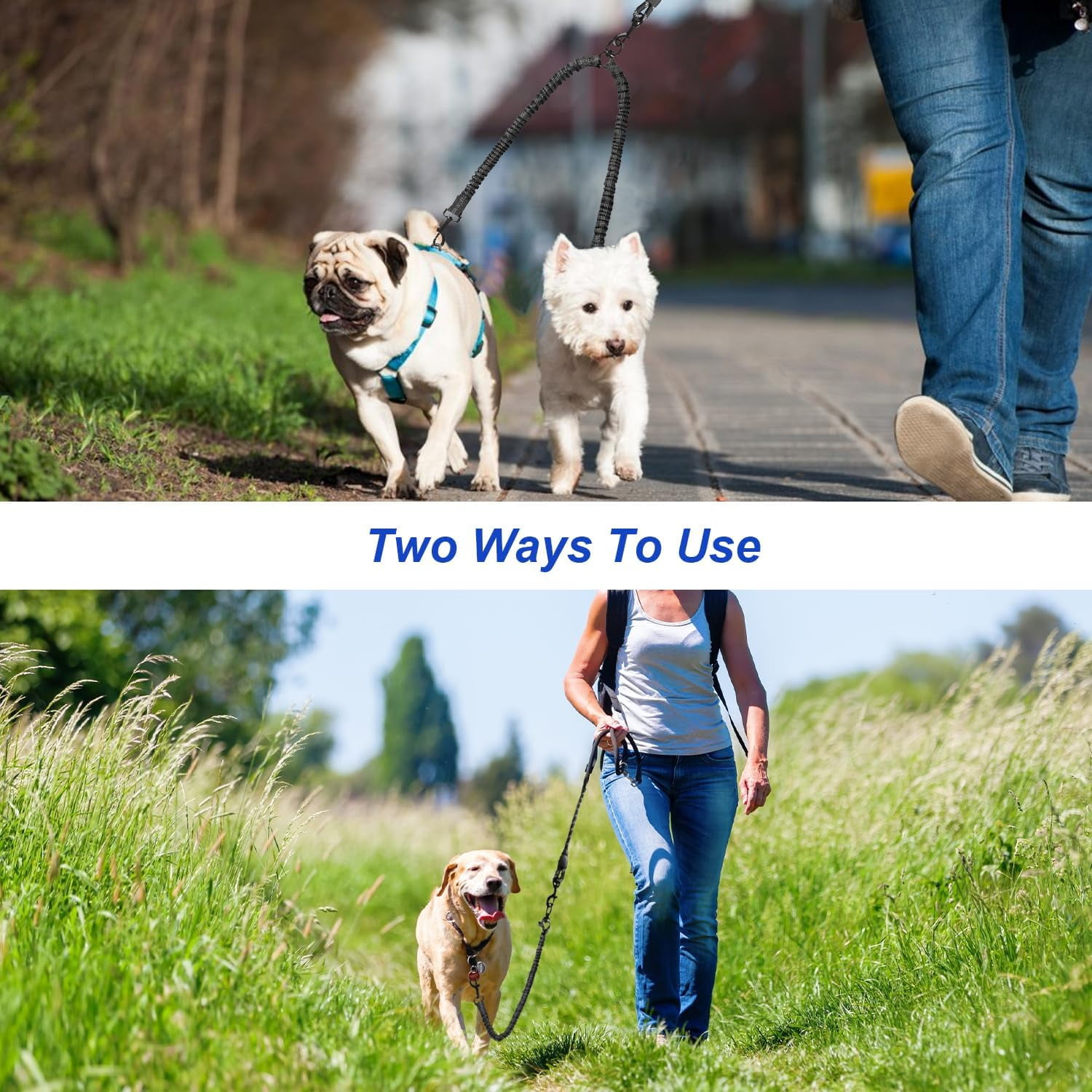 Double Dog Leash, Dual Dog Leash, 360° Swivel Tangle Free Bungee Walking Training for Large Medium Dogs, Shock Absorbing Bungee Reflective for Two Dogs, 18~121 lbs