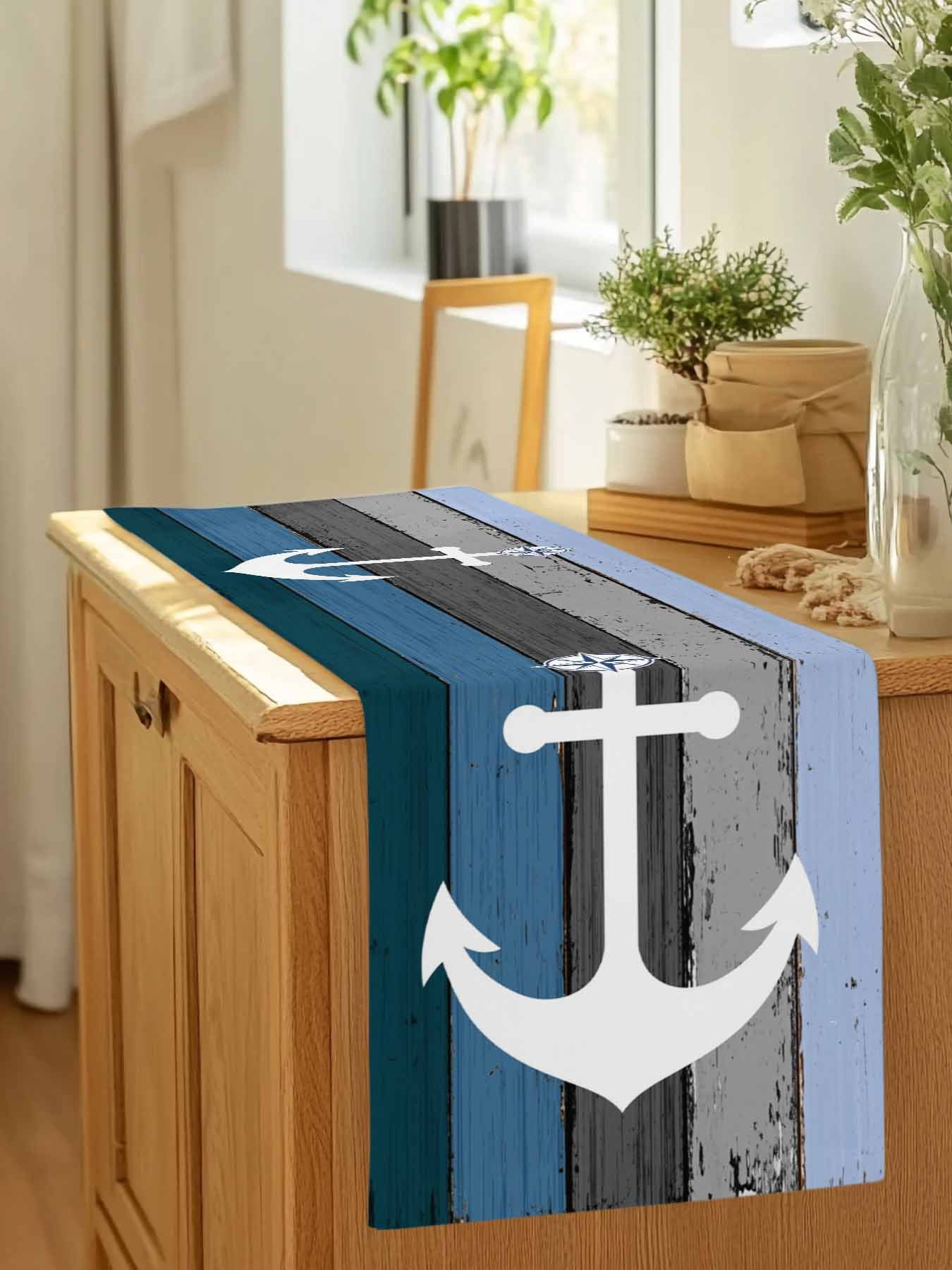 Nautical Anchor Ocean Theme Table Runner 90 Inches Long, Farm Blue Wood Board Table Runners Tabletop Scarf Kitchen Dining Tables Decoration for Home Party Indoor Outdoor