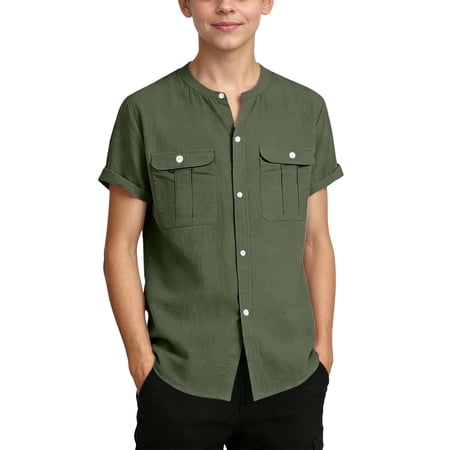 Boys Short Sleeve Button Down Shirt Summer Casual Beach & Collar Dress Shirt for Kids | Breathable Comfort Top for Boys Ages 5-15 | Machine Washable（Army Green 140)