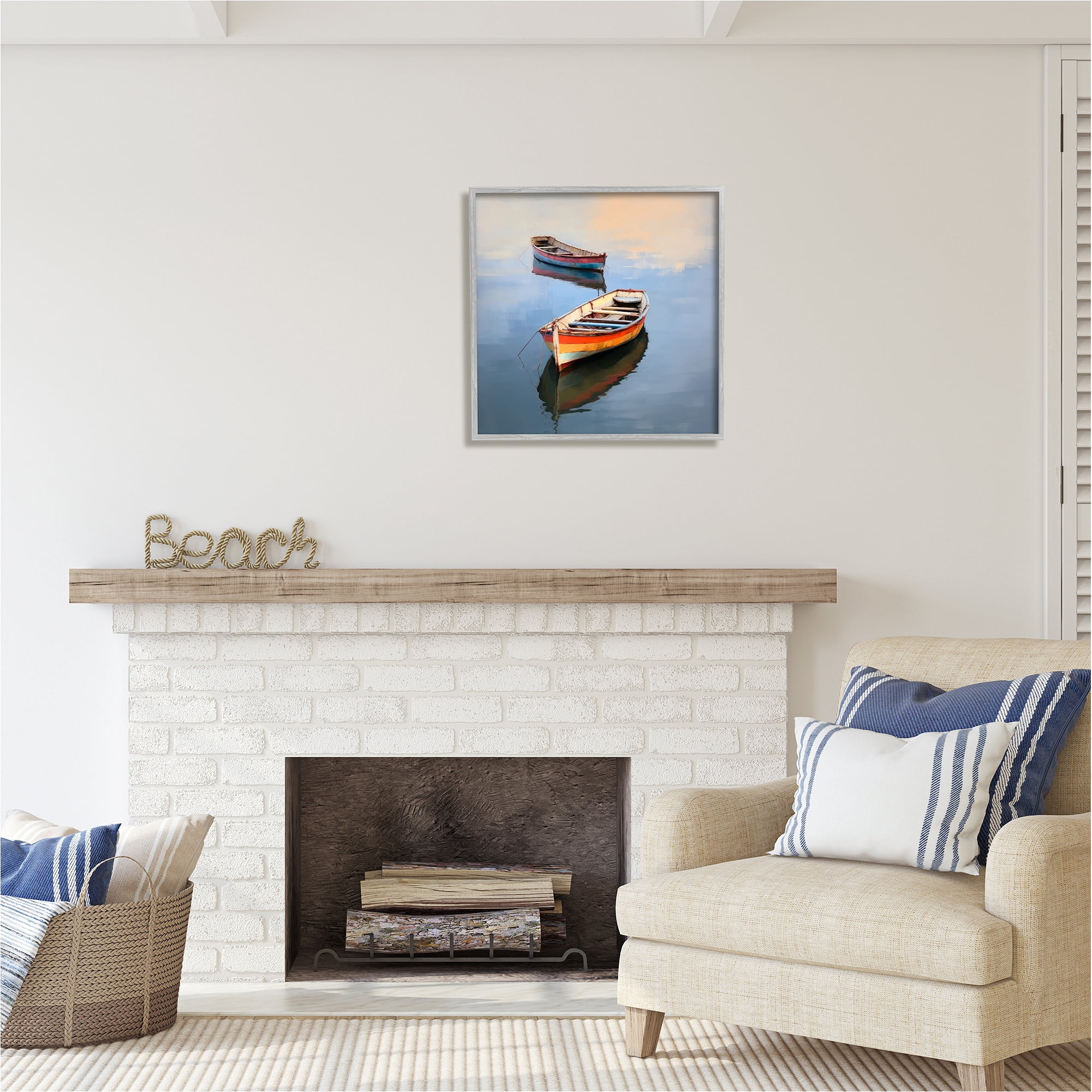 Stupell Industries Striped Boats in Lake Transportation Painting Gray Framed Art Print Wall Art, 24 x 24
