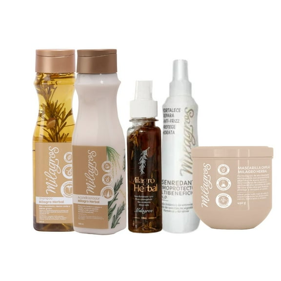 Milagros Combo Herbal Shampoo Herbal Acondicionador herbal Tonico Herbal Desenredante Termoprotector herbal y Mascarilla capilar Herbal (5 Pack)
