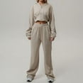 thumbnail image 4 of MDUKONU Women's 2-Piece Tracksuit - Half Zip Cropped Hoodie & Straight Leg Sweatpants Khaki L, 4 of 5