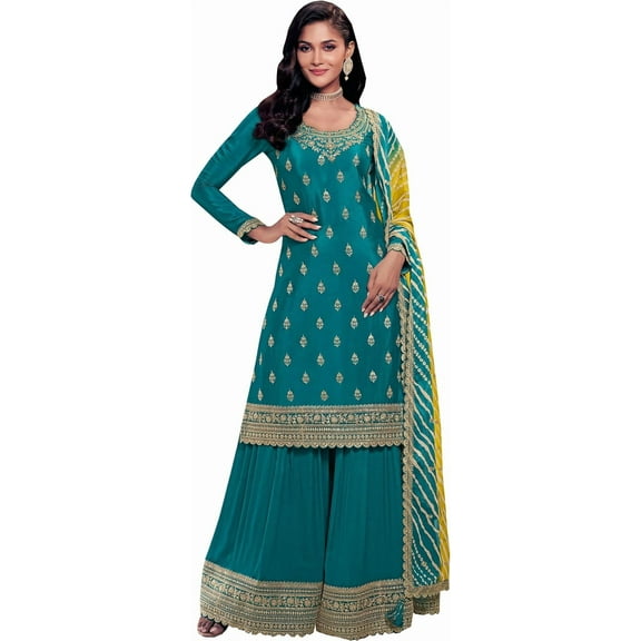 Sangeet Function Wear Pakistani Designer Shalwar Kameez Dress Indian Plazzo Suits ( Teal Blue, L - 42 )