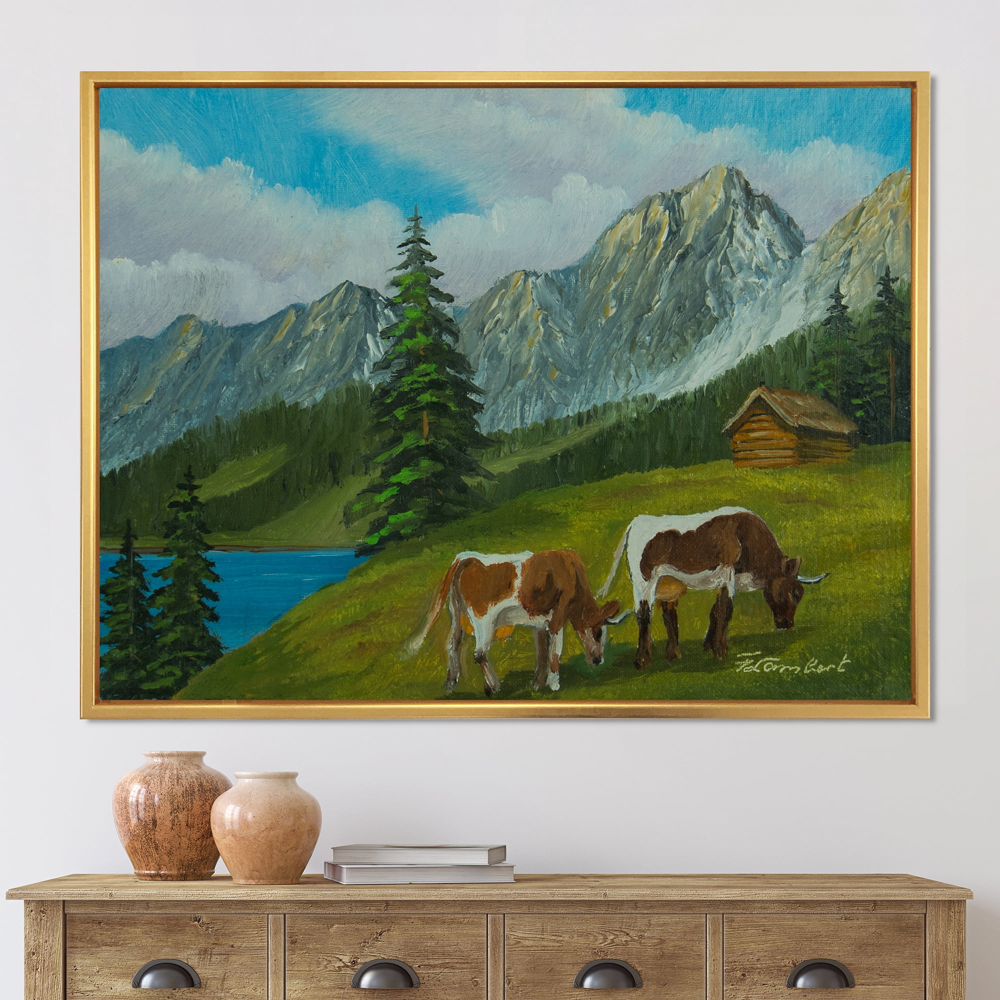 Designart 'Cows On A Green Meadow With Mountain Landscape With ' Farmhouse Framed Canvas Wall Art Print