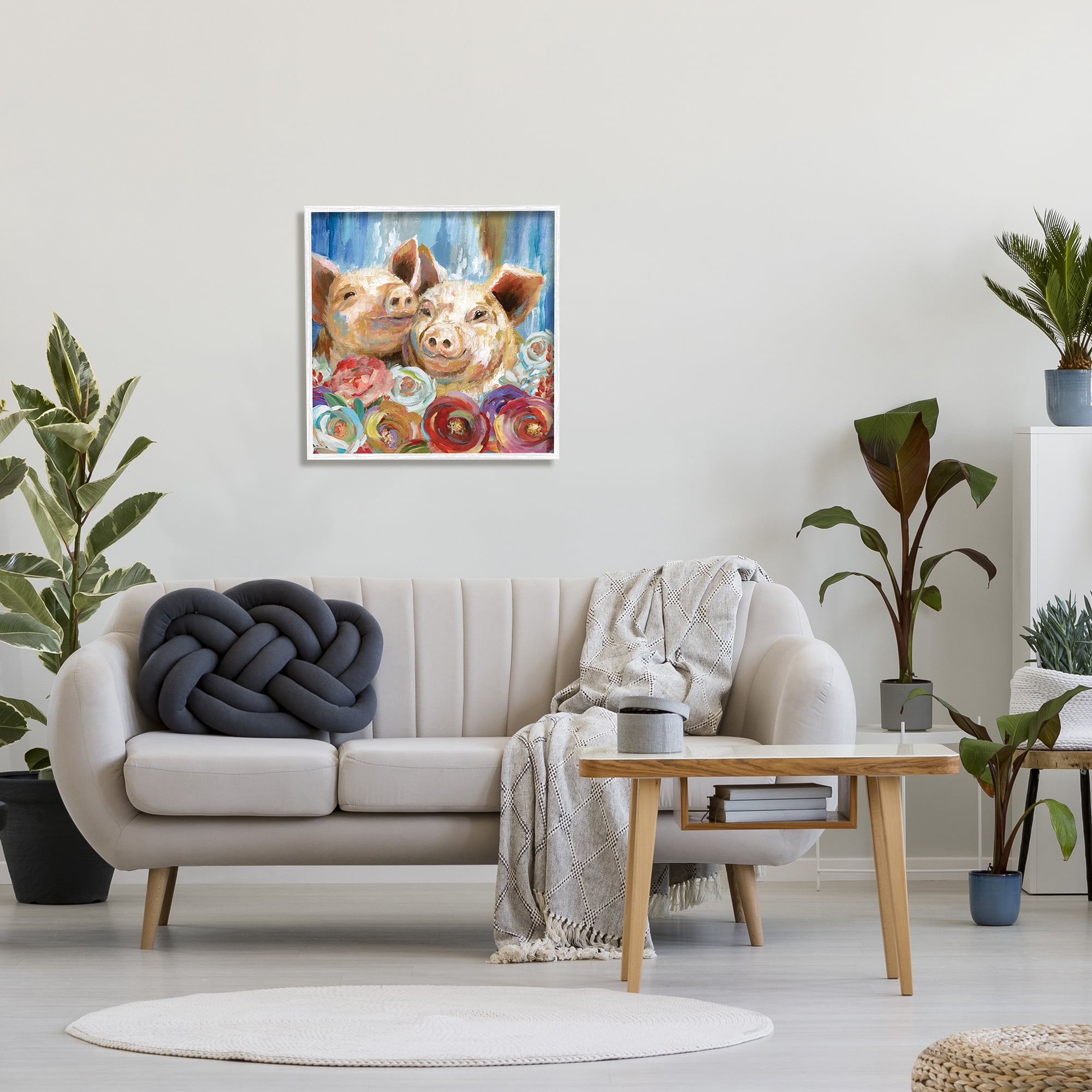 Stupell Industries Contemporary Farm Pig Couple Soft Petal Florals Animals & Insects Painting White Framed Art Print Wall Art, 24 x 24