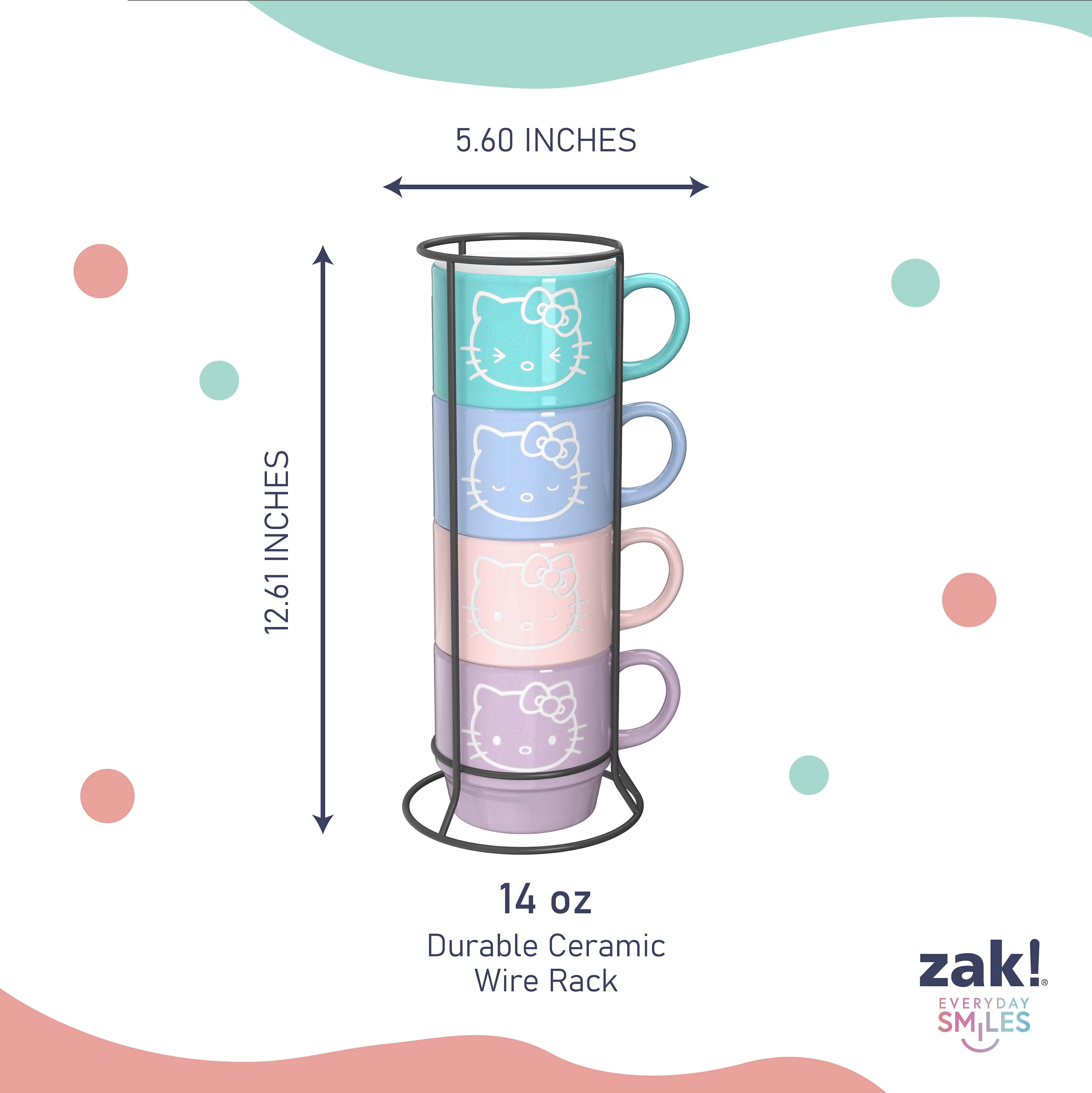 Zak Designs 14oz 4pc Hello Kitty Ceramic Stacking Mugs in Wire Rack