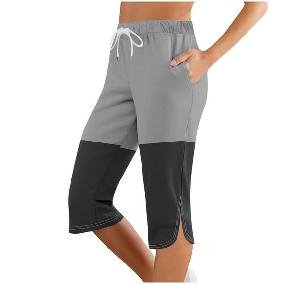 Ecqkame Women's Color Block Capri Pants Side Split Lounge Joggers Sweatpants Fashion Athletic Yoga Pants with Pockets 02-Gray 02-02-Gray