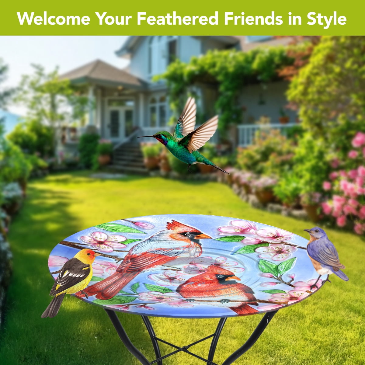 Briarwood Lane Spring Glass Birdbath Including Metal Stand Cherry Blossoms For Spring Birdbath